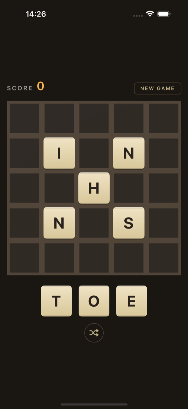 A fresh game showing the starting cross of five tiles.