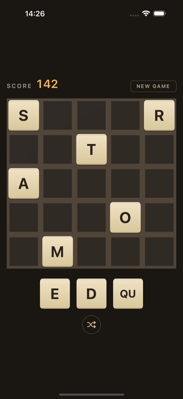 Letox board mid-game with six placed tiles and a hand of E, D, QU.