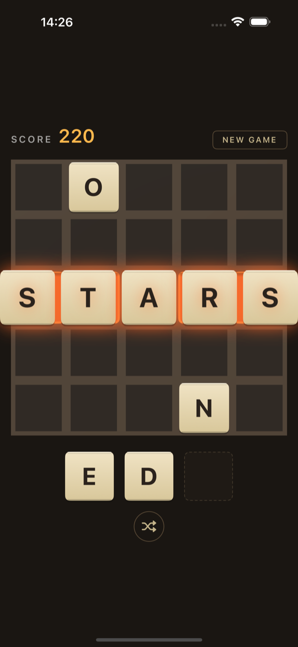 The word STARS clearing in a glowing row of five tiles.